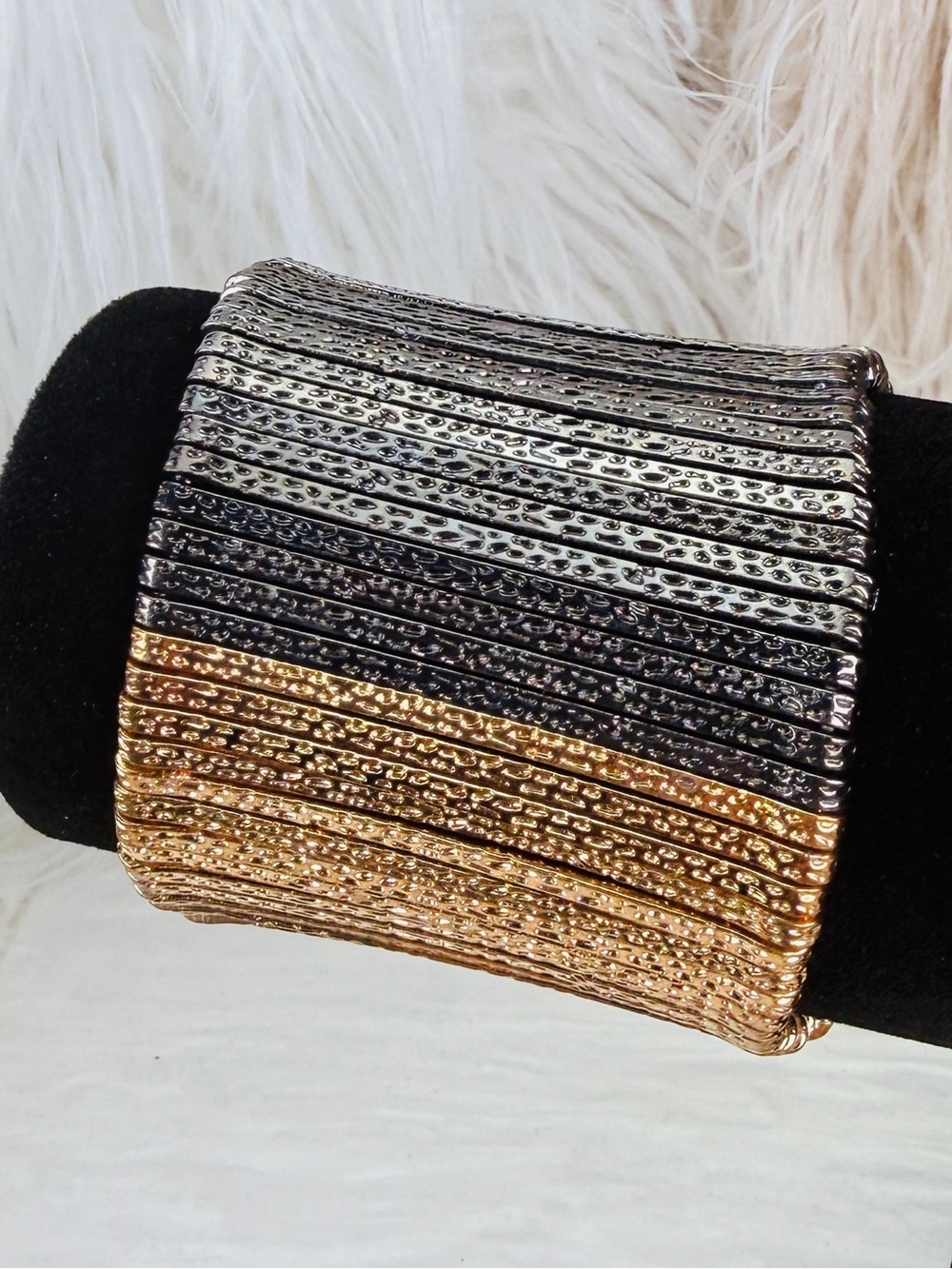 Silvertone aged Goldtone, black gunmetal wide band stretch bracelet